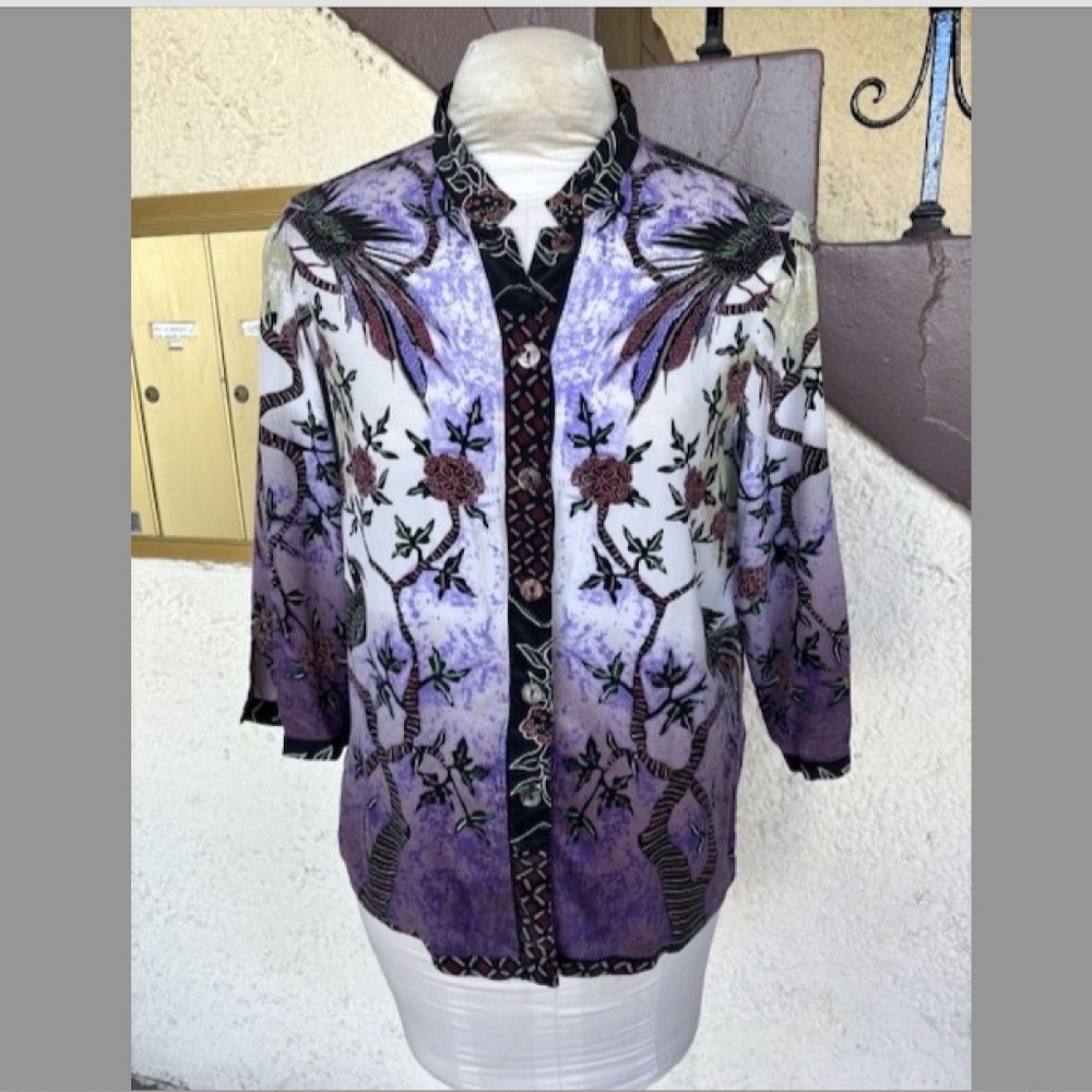 $249 CITRON Silk Bird Print 3/4 Sleeve Blouse NWOT/ sz MP